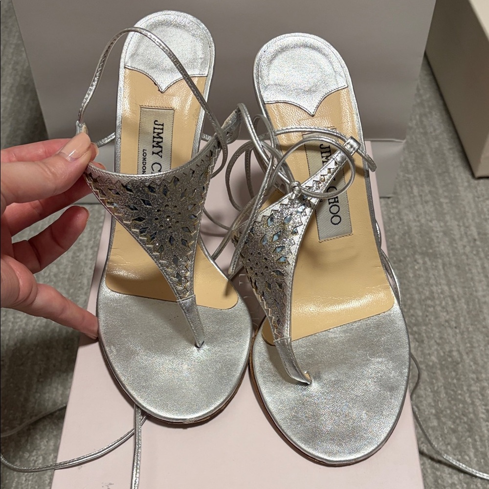 Jimmy Choo Metallic Silver Heels with Mirror and Glitter Accents